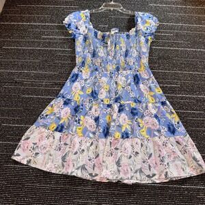 City Studio Floral Mini Dress Womens L Smocked Tiered Blue